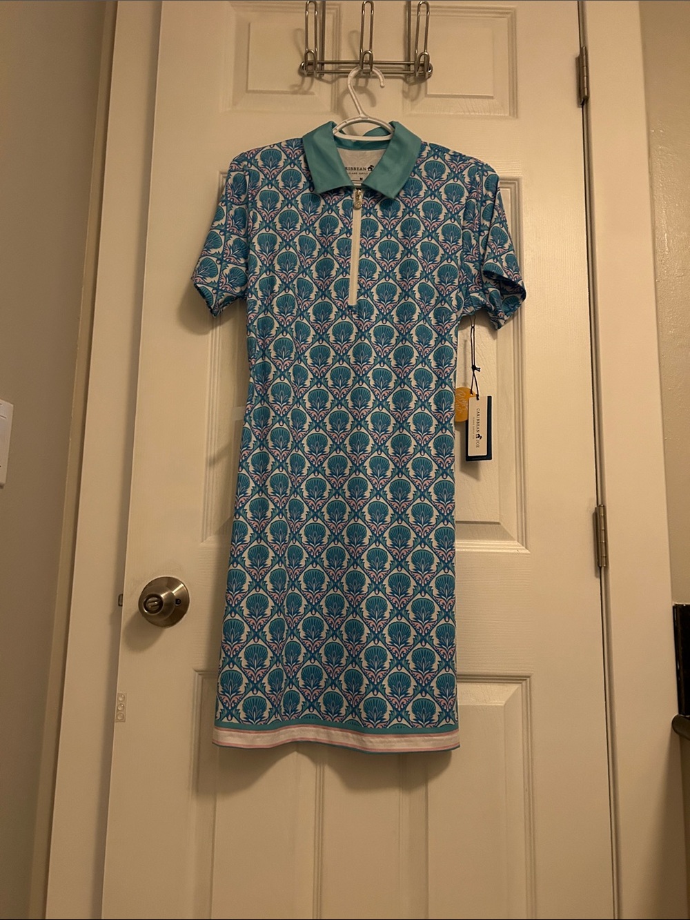NEW!!!!   Caribbean Joe Teal and White Printed Polo Mini Dress